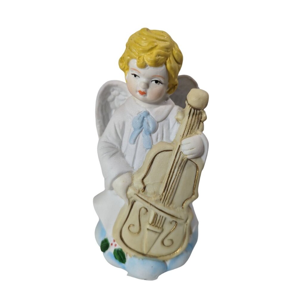 Vintage Ceramic Angel Figurine Playing Cello Music Chalkware Hand-Painted 4-inch